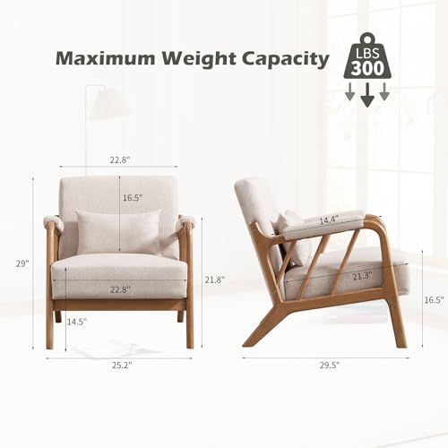 IOMOR Mid Century Modern Accent Chair with Solid Wood Frame Linen Fabric, Upholstered Living Room Chairs with Lumbar Cushion Padded Arms, Reading Armchair for Bedroom (1, Warm Beige) - color: Warm Beige