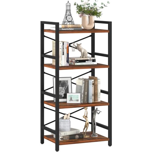 Yoobure 4 Tier Bookshelf - Small Book Shelf Industrial Bookcase, Narrow Book Case Book Storage Organizer for CD/Movie/Book, Bookshelves for Bedroom Office Living Room Berry Brown - color: Berry Brown, size: 4 Tier