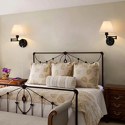 Swing Arm Wall Sconces, Plug-in Wall lamp,Bedroom Wall lamp ， White Fabric Shade，，with dimmable Switch and USB Charging Port, Suitable for Bedside, Living Room, Reading (Black) - color: Black