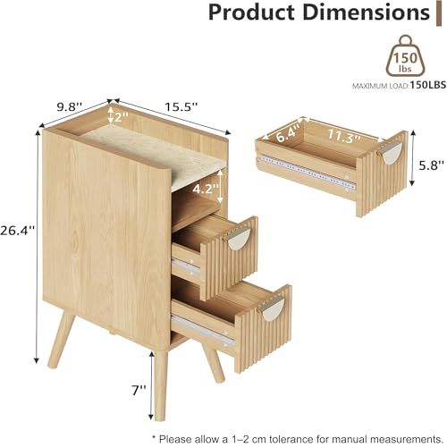 26.4"H Narrow Nightstand Set of 2, 9.8"W Slim Side Table with 2 Fluted Drawers and Open Shelf, Tall Skinny Bedside Table with Curved Corner & Solid Wood Legs for Small Spaces, Bedroom, Natural - color: Natural, size: 2 Pack