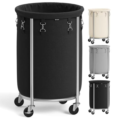 SONGMICS Laundry Basket, Rolling Steel Frame with 2 Locking Wheels, 70 L | Heavy-Duty Laundry Hamper Cart with Removable Bag, Ink Black and Metallic Silver, URLS006B01 - color: Ink Black + Metallic Silver, size: 70 L (1-Section)