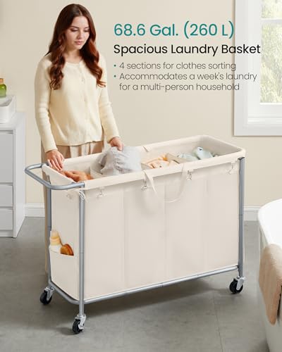 SONGMICS Laundry Basket with Wheels, 4-Section Rolling Laundry Hamper, 68.6 Gallons (260 L), Removable Liner, Steel Frame with Handle, 43.3 x 15.4 x 31.9 Inches, Cream White URLS014W01 - color: Cream White, size: 260 L (4-Section)