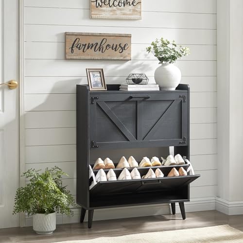 Barnyatoh Shoe Storage Cabinet with 2 Flip Drawers,Hidden Shoe Organizer | Farmhouse Freestanding Narrow Slim Shoes Rack Cabinet with Adjustable Shelves for Entryway Hallway,Black - color: Black