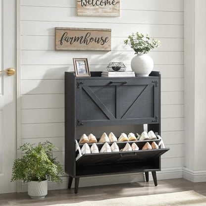 Barnyatoh Shoe Storage Cabinet with 2 Flip Drawers,Hidden Shoe Organizer | Farmhouse Freestanding Narrow Slim Shoes Rack Cabinet with Adjustable Shelves for Entryway Hallway,Black - color: Black