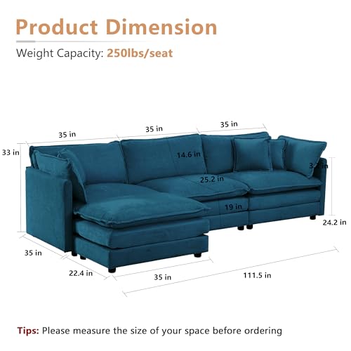 Modular Sectional Sofa, 111.5 Inch L Shaped Couch Set for Living Room, 3-Seater Comfy Cloud Couches with Movable Ottoman, DIY Combination, Chenille, Blue - color: Blue, size: 111.5 Inch- L