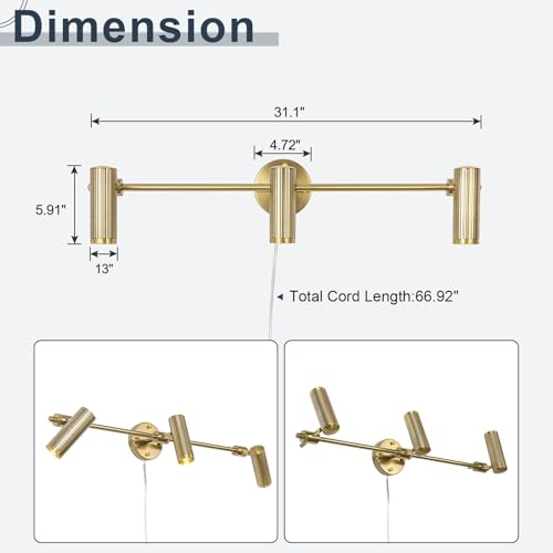 Modern Gold 3-Light Plug-in 31.1" Wall Sconce Light, 1 Pack | 3-Light Vanity Wall Lamp Picture Art Light Brass Wall Mount Lighting Fixture for Living Room, Bathroom & Bedside - color: B-Gold