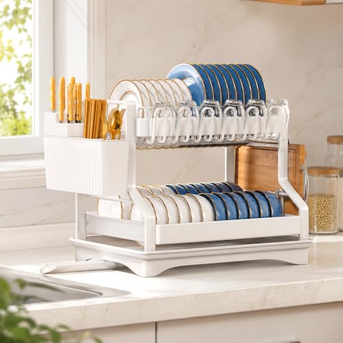 Fandian Dish Drying Rack 2 Tier White Dish Racks for Kitchen Counter and Sink, Large Dish Drying Rack with Drainboard & Utensil Holders Stainless Steel Dish Drainers Kitchen Organization and Storage - color: Ceramic White Dish Racks
