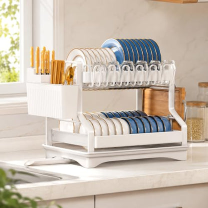 Fandian Dish Drying Rack 2 Tier White Dish Racks for Kitchen Counter and Sink, Large Dish Drying Rack with Drainboard & Utensil Holders Stainless Steel Dish Drainers Kitchen Organization and Storage - color: Ceramic White Dish Racks