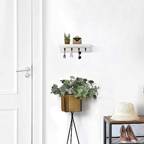 HRONRAD Rustic Key Holder for Wall, Farmhouse Wall Shelf with 4 Hooks, Wall Mounted Key Racks, Wooden Mail Organizer with Hooks for Entryway (White) - color: White