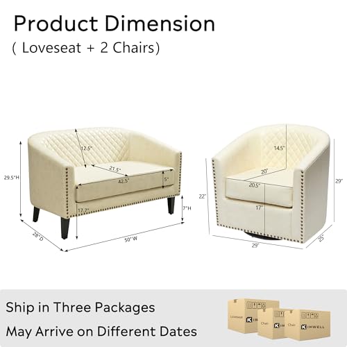 KINWELL 50" Faux Leather Loveseat with 2 Swivel Barrel Accent Chairs, Cream | PU Upholstered Tufted Minimalist 2-Seater Couch Sofa and Set of 2 Vegan Leather Swivel Armchairs for Small Spaces Apartment - color: Cream, style: 2 Chairs + Loveseat