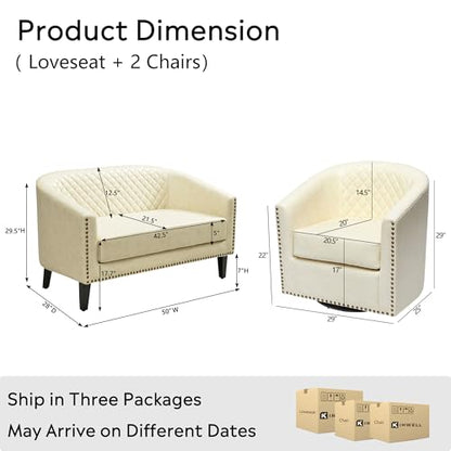KINWELL 50" Faux Leather Loveseat with 2 Swivel Barrel Accent Chairs, Cream | PU Upholstered Tufted Minimalist 2-Seater Couch Sofa and Set of 2 Vegan Leather Swivel Armchairs for Small Spaces Apartment - color: Cream, style: 2 Chairs + Loveseat