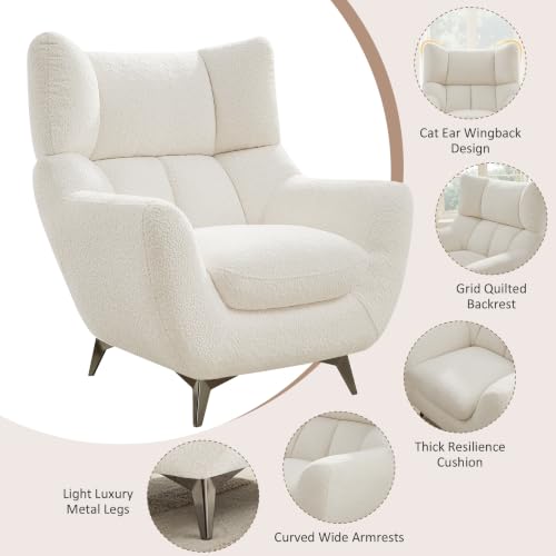 34.6" Oversized Accent Chairs with WingBack, Set of 2, Teddy White | High Back, Wide Armrests, Metal Legs, Cozy Deep Seat Armchair , Reading Chair for Living Room, Bedroom, Apartment, Office - color: White, size: Set of 2