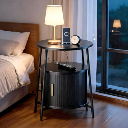 DHH Round End Tables Set of 2 & Charging Station, Fluted Accent Side Table with Sliding Door, Mid-Century Modern Nightstand Set of 2 for Small Space Storage, Living Room, Bedroom,Sofa Couch(2, Black) - color: Black