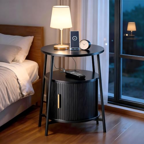 DHH Round End Tables Set of 2 & Charging Station, Fluted Accent Side Table with Sliding Door, Mid-Century Modern Nightstand Set of 2 for Small Space Storage, Living Room, Bedroom,Sofa Couch(2, Black) - color: Black