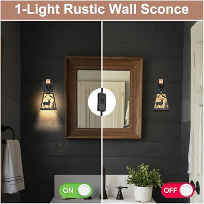 Plug in Wall Light,Deer Matte Metal Rustic Wall Sconces,1 Pack Farmhouse Yellow Parchment Paper Shades Plug in Sconce with Wood Arm,E26 Base Light for Bedside,Living Room,Bedroom,Hallway - color: Deer-Yellow