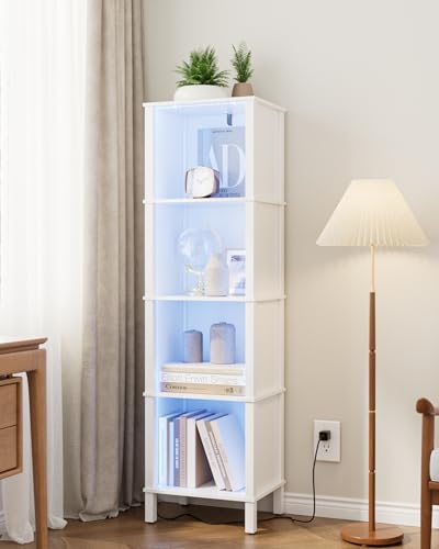 Bookshelf with LED Lights, Modern 4-Tier Bookcase, Open Storage Book Shelf, 11 × 14.2 × 50.4 Inches, Small Narrow Bookshelves for Living Room, Home Office, Bedroom, White - color: White