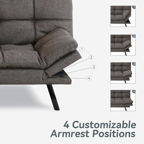 Futon Sofa Bed Convertible Couch, Grey Linen Sofa Bed | Adjustable Backrest & Armrests, Multifunctional Small Loveseat Sleeper Sofa for Living Room, Apartment, Office, Foam Couch - color: A1 | Dark Grey