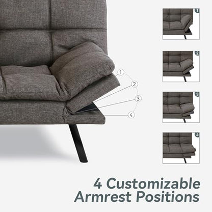 Futon Sofa Bed Convertible Couch, Grey Linen Sofa Bed | Adjustable Backrest & Armrests, Multifunctional Small Loveseat Sleeper Sofa for Living Room, Apartment, Office, Foam Couch - color: A1 | Dark Grey