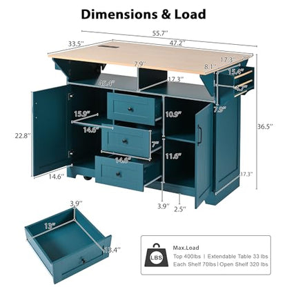Kitchen Island with 2 Drop Leaf, Home Cart Island on Wheels Foldable Dining Table with Power Outlets,3 Drawers,Storage Cabinet, Tower Rack(Green) - color: Green
