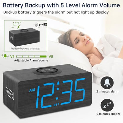 DreamSky Wooden Digital Alarm Clock with Wireless Charging for Bedroom | Bedside Nightstand Clock with Charger Station, USB Port, Large Numbers, Adjustable Volume, Brightness Dimmer, DST - color: Blue