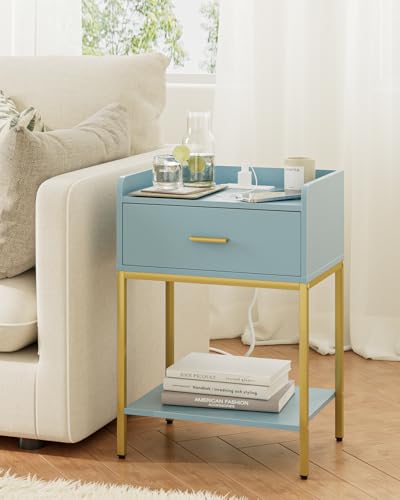 Masupu Nightstand with Charging Station,3-Tier Modern Bedside Night Stand with Storage Drawer and Shelf,Small End Side Table for Bedroom,Living Room,Gold and Blue - color: Outlet-blue