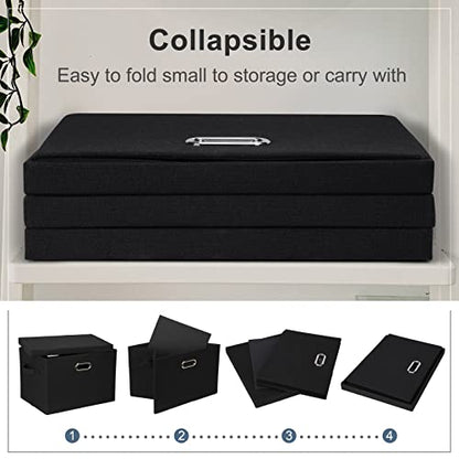 Graciadeco Large 17" 36 Quart Collapsible Stackable Storage Bins with Lids, 1 Pack Black Foldable Fabric Closet Storage Boxes with Lids, 4 Handles Heavy-duty Linen Cube Baskets for Bedroom | 36 Quart 1 Pack Black Collapsible Stackable Linen Fabric 4 Handl