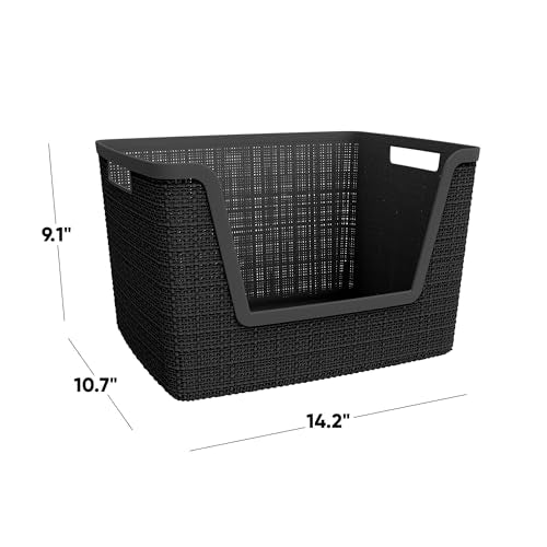 Curver Set of 4 Large 18L Easy Access Jute Decorative Plastic Organization and Storage Baskets - Perfect Bins for Home Office, Closet Shelves, Kitchen Pantry and All Bedroom Essentials, Black - color: Black, size: Large Easy Access 18L