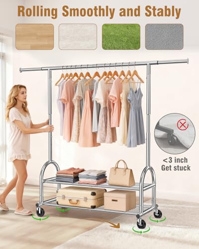 Heavy Duty Clothes Rack for Hanging Clothes Load 556 LBS, Height Adjustable Rolling Clothing Racks, Portable Metal Coat Rack Garment Wardrobe with Wheels and Shelves for Bedroom Laundry, Silver - color: Silver, style: 2 Shelves