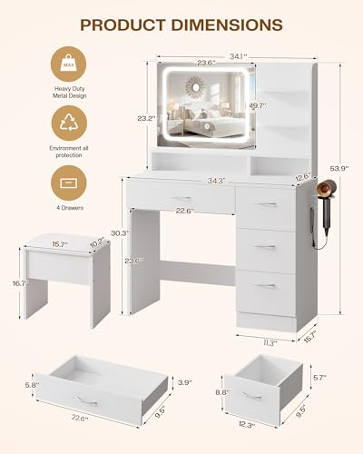 LIVELYGLOW White Makeup Vanity Desk with Charging Station & 4 Drawers | Smart LED Mirror, Cushioned-Stool, Hairdryer Rack - color: Ivory White