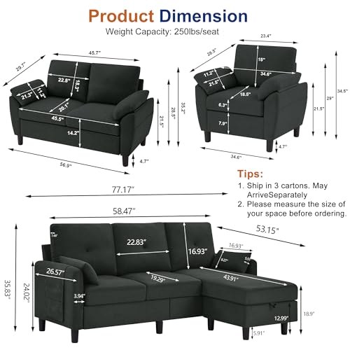 4 PCS Living Room Furniture Set, 3 Seat Couch & Loveseat & Armchair with Storage Ottoman, Modern Couch Set with Side Pockets, Couches for Living Room (3+2+1 Seat/Black) - color: Black, size: sofa+loveseat+Chair