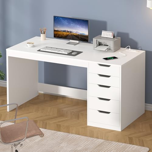 47 Inch Computer Desk with 5 Drawers and Power Outlets for Small Spaces | Home Office Desks with Storage File Cabinet and Charging Station, Modern Simple Laptop Desk Writing Table, White - color: White