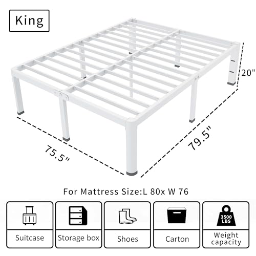 ROIL 20 Inch White King Bed Frame with Rounded Corner & 4 Mattress Baffles | Easy Assembly, Noise Free, 3500LBS Load Capacity, No Box Spring Needed, 18.4" Storage Space, Headboard Hole, Heavy Duty Steel - size: King, style: 20 Inch White