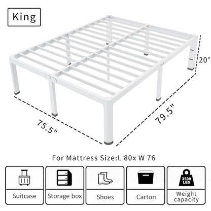 ROIL 20 Inch White King Bed Frame with Rounded Corner & 4 Mattress Baffles | Easy Assembly, Noise Free, 3500LBS Load Capacity, No Box Spring Needed, 18.4" Storage Space, Headboard Hole, Heavy Duty Steel - size: King, style: 20 Inch White