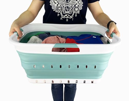 SAMMART 42L (11 gallon) Collapsible Plastic Laundry Basket - Foldable Pop Up Storage Container/Organizer - Space Saving Hamper/Basket (1, White/Celadon Green) - color: White/Celadon Green