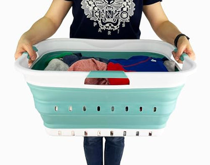 SAMMART 42L (11 gallon) Collapsible Plastic Laundry Basket - Foldable Pop Up Storage Container/Organizer - Space Saving Hamper/Basket (1, White/Celadon Green) - color: White/Celadon Green