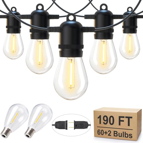 Brightown Outdoor String Lights 190FT with 60+2 Shatterproof Edison Bulbs, Waterproof Hanging Patio Lights Outside for Backyard Deck Garden Party Xmas Decor, 2700K - color: Black, size: 190 ft- 60 Bulbs (Pack of 1)