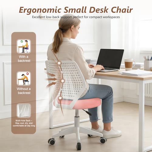 JPBSTO Armless Desk Chair, Height Adjustable Swivel Office Rolling Task Chairs with Soft Mesh Padded Cushion, Ergonomic Small Study Computer Chair - color: Light Pink