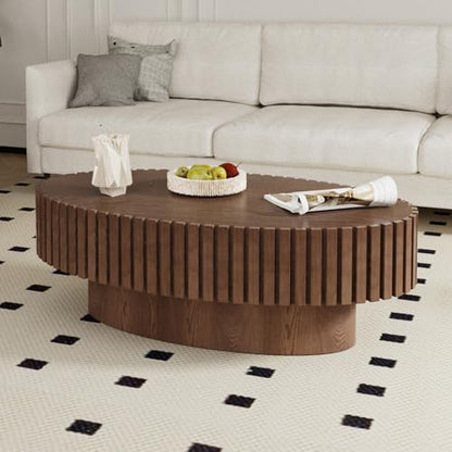Oval Fluted Drum Coffee Table with Pedestal Base | 43.3'' Modern Brown Wooden Drum Center Table, Handcrafted Solid Wood Fluted Edge, For Living Room & Apartment - color: Oval Brown