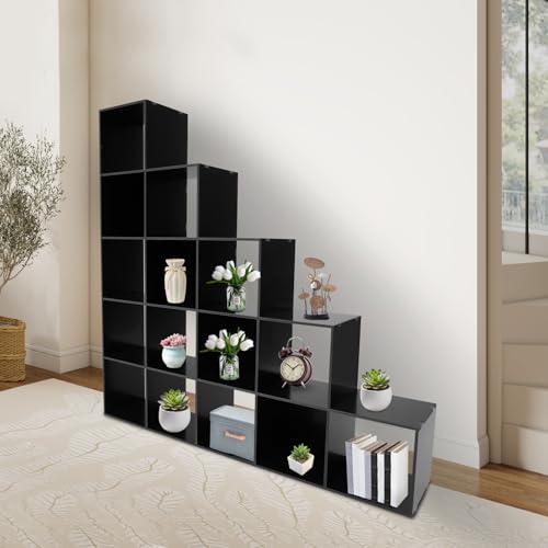 5-Tier Stepped Bookshelf, 15 Cube Storage Organizer, Freestanding Ladder Bookcase, L-Shaped Corner Shelf, Room Divider Shelf, 57.5" Tall Modern Display Shelf for Home Office Living Room - size: 15-Cube/L-Shaped