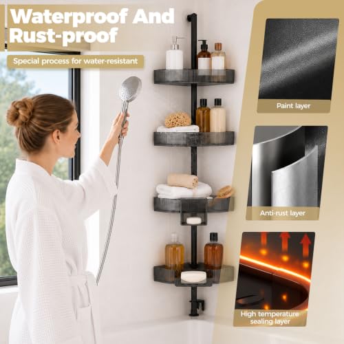 Corner Shower Caddy, Adjustable 4-Tier Rustproof Bathroom Organizer Shelves, 45-75 Inch No-Drill Quick Installation Bathtub Corner Shelf
