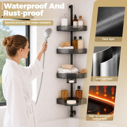 Corner Shower Caddy, Adjustable 4-Tier Rustproof Bathroom Organizer Shelves, 45-75 Inch No-Drill Quick Installation Bathtub Corner Shelf