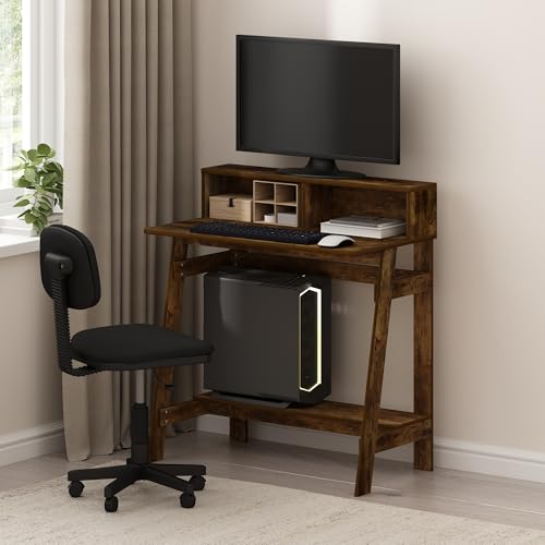 Furinno Simplistic Desk, 32" Wide Gaming Desk with Monitor Stand, A Frame Computer Desk with Shelf, Office Desk for Home Office, Bedroom, Study Room, Dorm, Amber Pine - color: Amber Pine, size: 32 inches