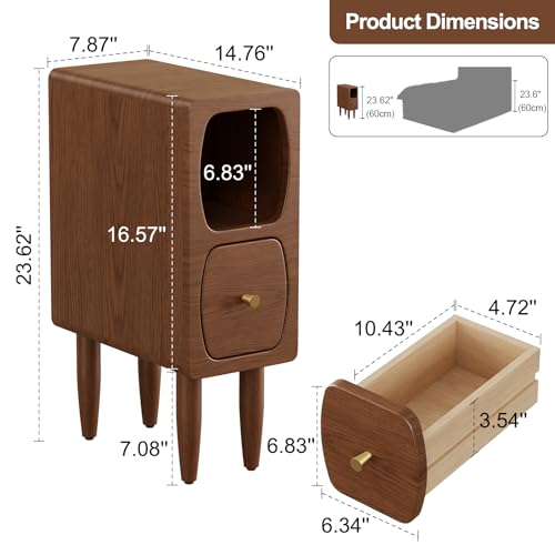 Slim Nightstand with Drawer, Modern Walnut Bedside Table for Small Spaces | Slim Nightstand with Drawer and Open Storage, Modern Walnut Wood Design for Bedrooms Apartments and Small Spaces