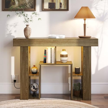 43.3" Console Table with Charging Station & USB-C Port, Behind Couch Sofa Table with LED Lights Narrow Entryway Table for Entrance Living Room Hallway Foyer, Oak - color: Oak