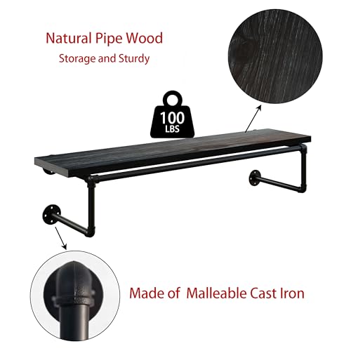 Clothes Rack 42in, Wall Mounted Garment Racks with Real Black Wood Shelf, Heavy Duty Hanging Clothes Rack, Multi-Purpose Hanging Rod, Space-Saving Closet Storage - color: Black, size: 1T42IN