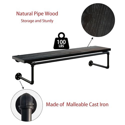 Clothes Rack 42in, Wall Mounted Garment Racks with Real Black Wood Shelf, Heavy Duty Hanging Clothes Rack, Multi-Purpose Hanging Rod, Space-Saving Closet Storage - color: Black, size: 1T42IN