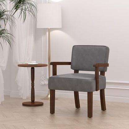Faux Leather Accent Chair, Mid-Century Armchair with Wood Frame | Upholstered Living Room Chair, Comfy Reading Chair for Bedroom, Waiting Room, Home Office, Easy Assembly, Gray - color: Faux Leather Gray, size: One Chair