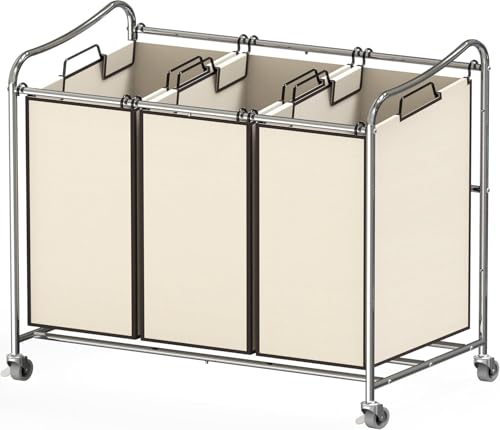 Simple Houseware Heavy Duty 3-Bag Laundry Sorter Rolling Cart, Chrome | Removable Bags and Lockable Wheels for Laundry Room Organization - color: Chrome