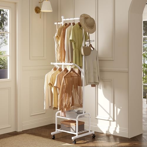 Rolling Clothes Rack with 2 Shelves, Small Metal Clothing Rack with Wheels | Gasvadivum 71" Tall Sturdy Garment Rack with 3 Hanging Rods, Freestanding Portable Coat Rack for Laundry Room, Bedroom, White - color: White