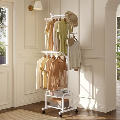 Rolling Clothes Rack with 2 Shelves, Small Metal Clothing Rack with Wheels | Gasvadivum 71" Tall Sturdy Garment Rack with 3 Hanging Rods, Freestanding Portable Coat Rack for Laundry Room, Bedroom, White - color: White